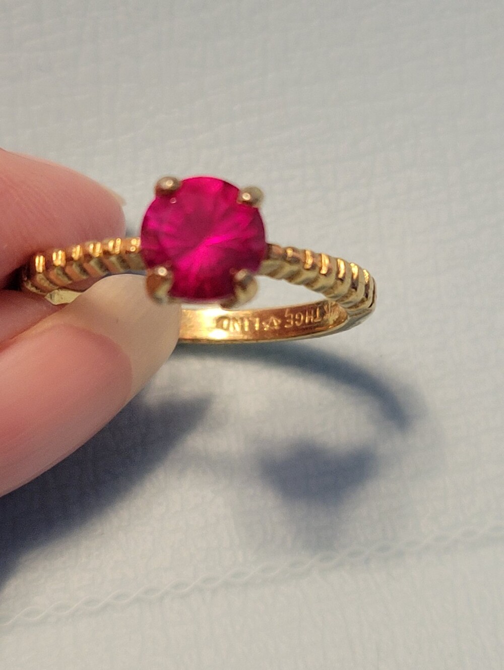 Gold Band Ring with Round Fuchsia Stone - Women's Jewelry